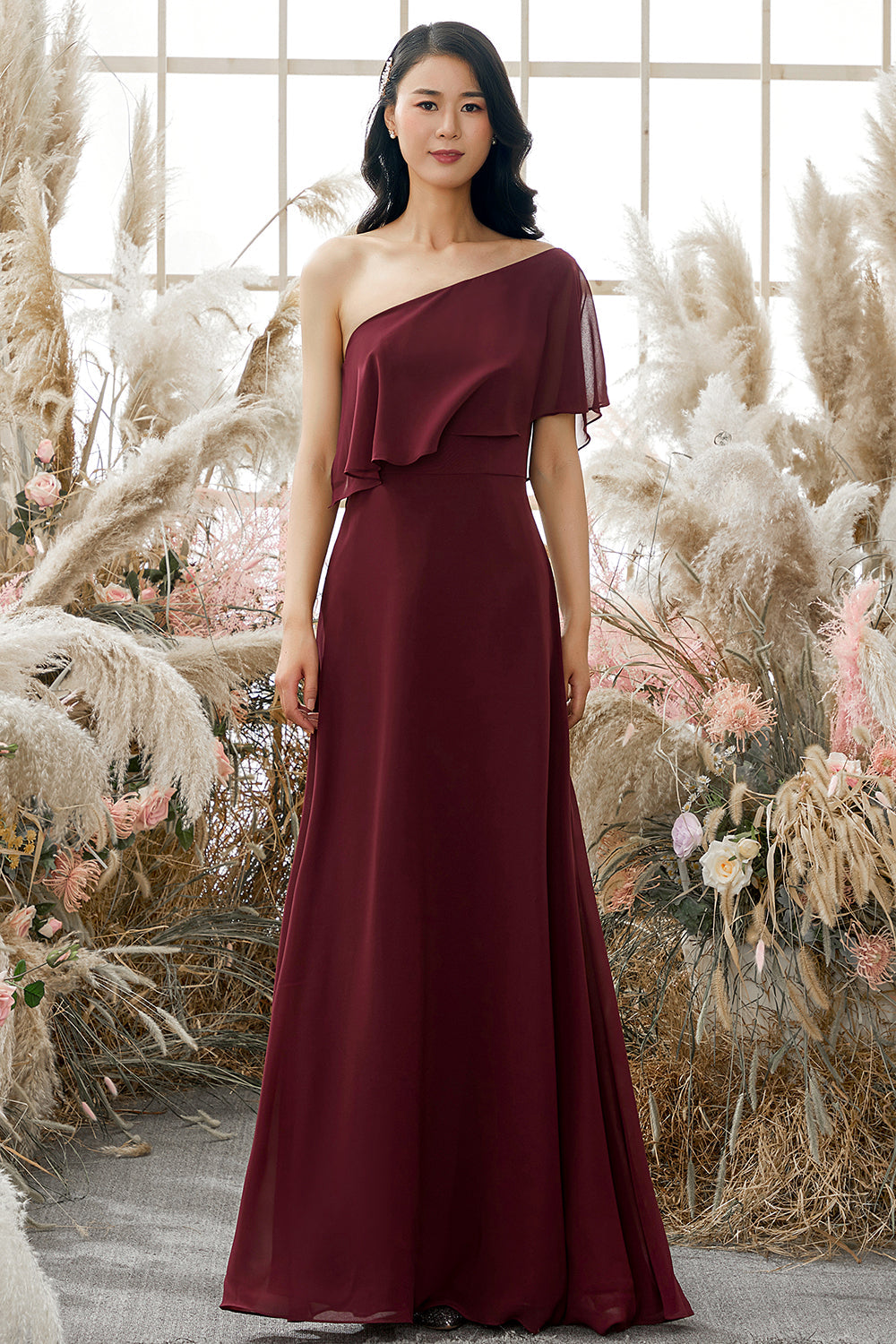 One Shoulder Burgundy Chiffon Bridesmaid Dress Formal Evening Prom Dresses