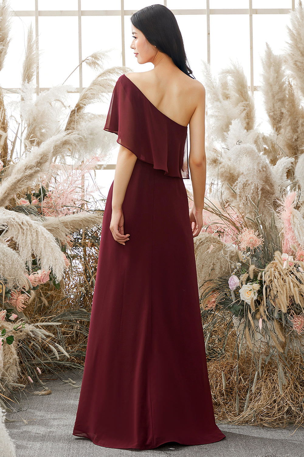 One Shoulder Burgundy Chiffon Bridesmaid Dress Formal Evening Prom Dresses