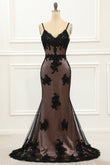 Spaghetti Straps Black Mermaid Prom Dress with Lace Formal Evening Dresses gowns