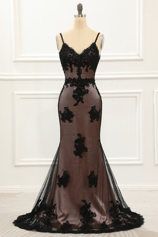 Spaghetti Straps Black Mermaid Prom Dress with Lace Formal Evening Dresses gowns