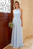 Sky Blue Long Chiffon Bridesmaid Dress with Slit Formal Evening Prom Dresses