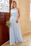 Sky Blue Long Chiffon Bridesmaid Dress with Slit Formal Evening Prom Dresses