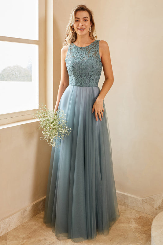 Vestido de dama de honor de tul azul grisáceo con encaje, vestido de noche formal, vestidos de madre de la novia