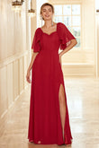 Burgundy Open Back Boho Bridesmaid Dress with Ruffles Formal Evening Chiffon Dresses