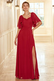 Burgundy Open Back Boho Bridesmaid Dress with Ruffles Formal Evening Chiffon Dresses