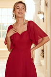 Burgundy Open Back Boho Bridesmaid Dress with Ruffles Formal Evening Chiffon Dresses