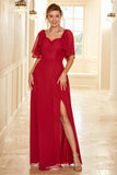 Burgundy Open Back Boho Bridesmaid Dress with Ruffles Formal Evening Chiffon Dresses