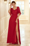 Burgundy Open Back Boho Bridesmaid Dress with Ruffles Formal Evening Chiffon Dresses