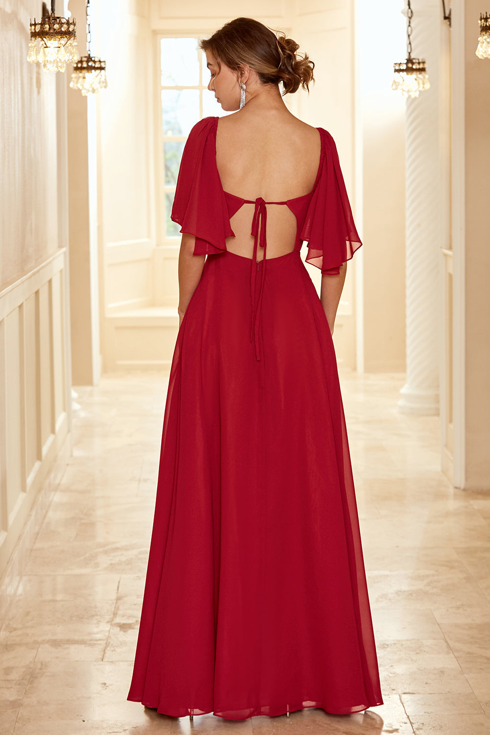 Burgundy Open Back Boho Bridesmaid Dress with Ruffles Formal Evening Chiffon Dresses