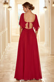 Burgundy Open Back Boho Bridesmaid Dress with Ruffles Formal Evening Chiffon Dresses