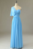 One Shoulder Blue Bridesmaid Dress Chiffon Formal Evening Prom Dresses