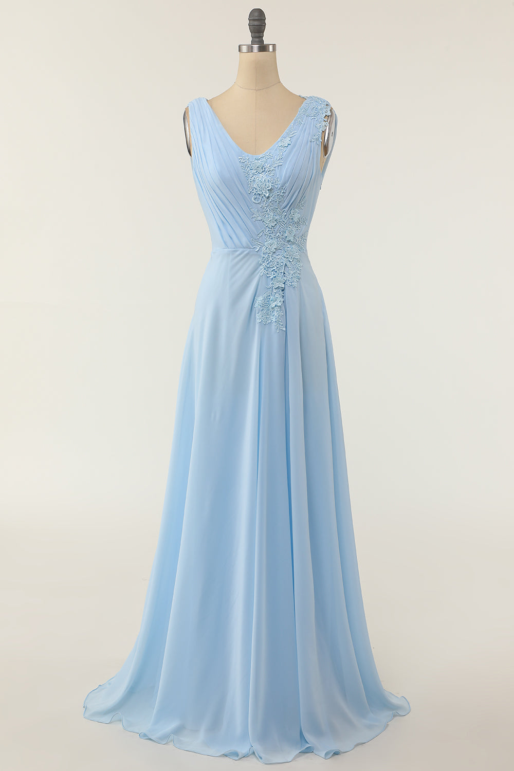 V-neck Blue Bridesmaid Dress with Ruffle Formal Evening Prom Dresses