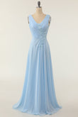 V-neck Blue Bridesmaid Dress with Ruffle Formal Evening Prom Dresses