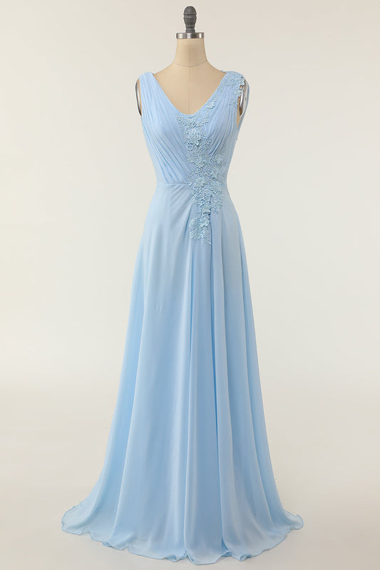 V-neck Blue Bridesmaid Dress with Ruffle Formal Evening Prom Dresses