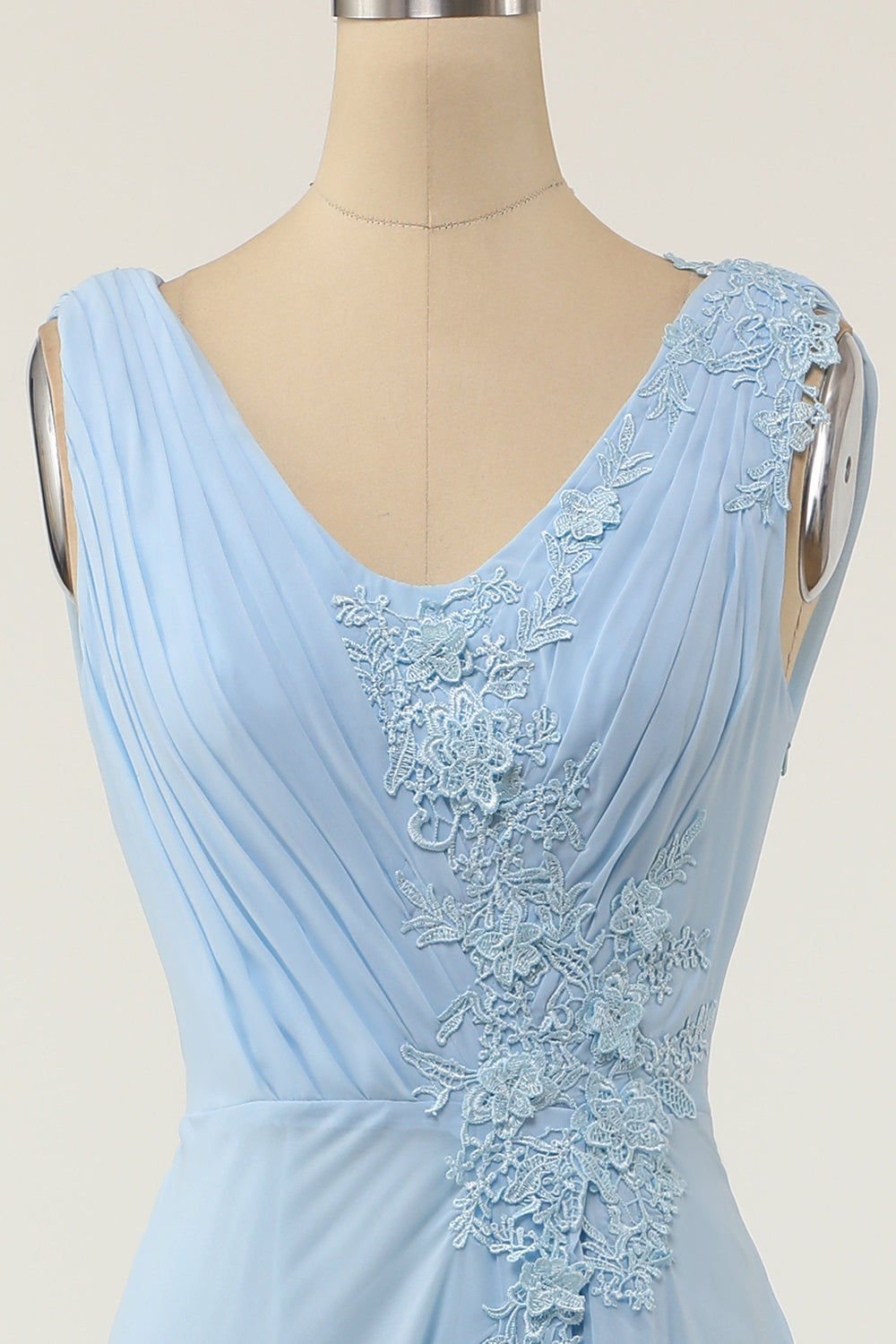 V-neck Blue Bridesmaid Dress with Ruffle Formal Evening Prom Dresses