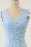V-neck Blue Bridesmaid Dress with Ruffle Formal Evening Prom Dresses
