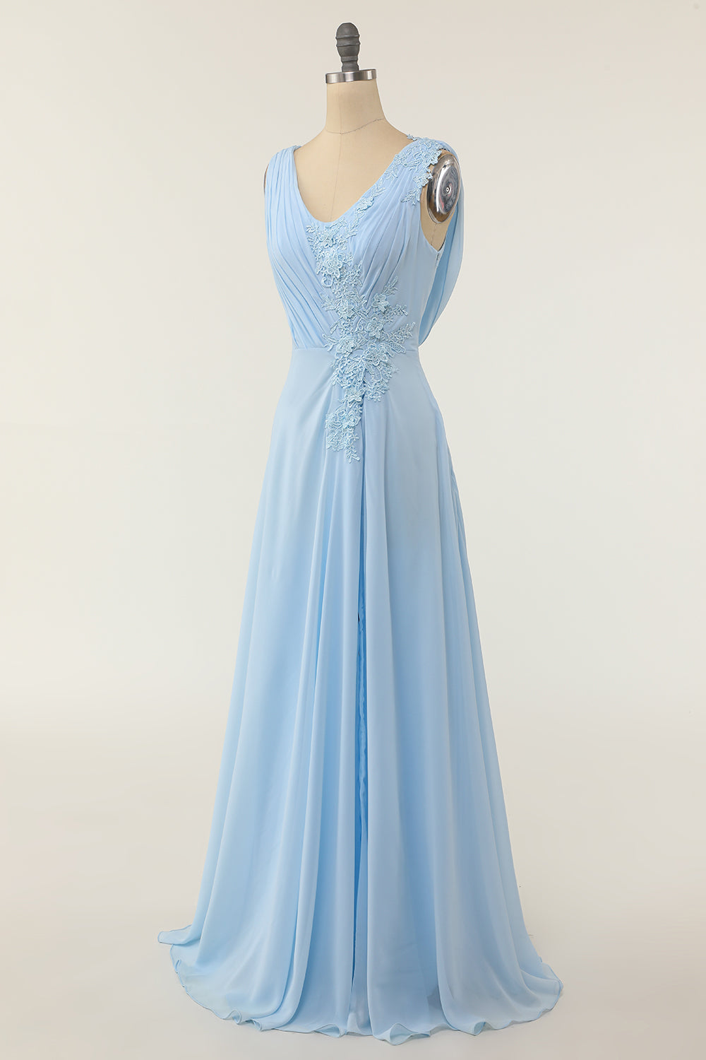 V-neck Blue Bridesmaid Dress with Ruffle Formal Evening Prom Dresses