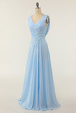 V-neck Blue Bridesmaid Dress with Ruffle Formal Evening Prom Dresses