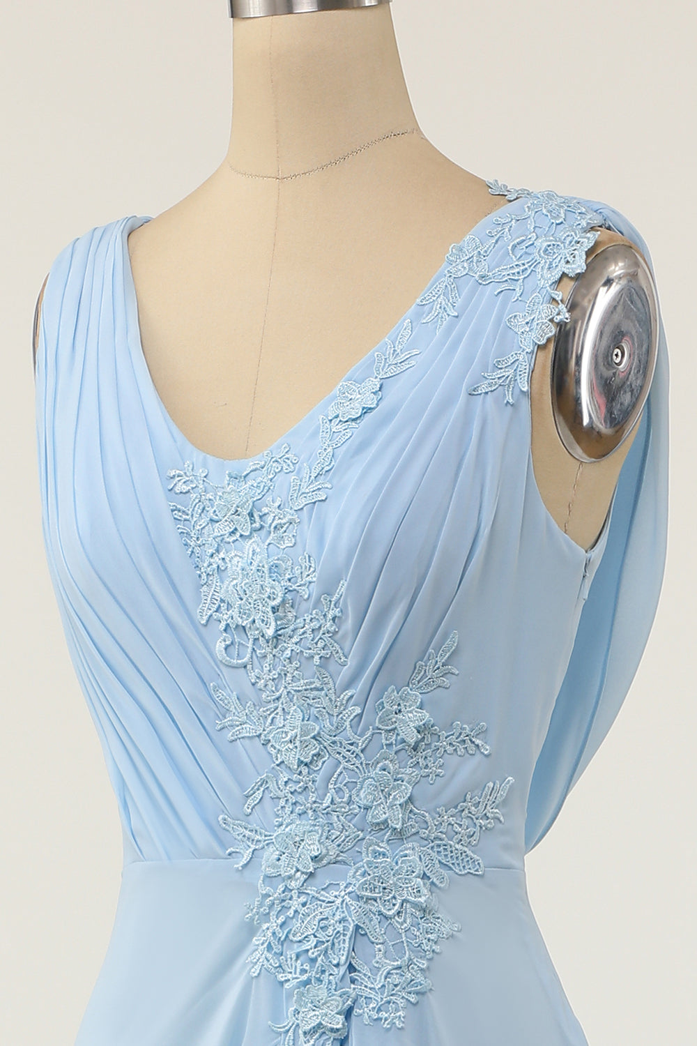 V-neck Blue Bridesmaid Dress with Ruffle Formal Evening Prom Dresses