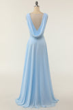 V-neck Blue Bridesmaid Dress with Ruffle Formal Evening Prom Dresses