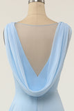 V-neck Blue Bridesmaid Dress with Ruffle Formal Evening Prom Dresses