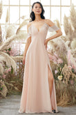 Pink Off Shoulder A line Bridesmaid Dress Formal Evening Prom Dresses with Slit
