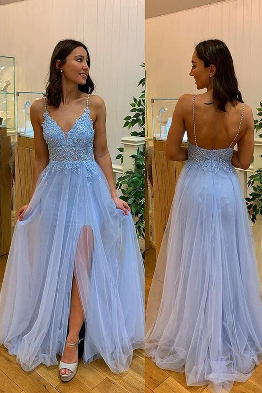Light Blue Prom Dress Slit Skirt, Formal Dress, Evening Dress, Pageant Dance Dresses, School Party Gown, KB0766