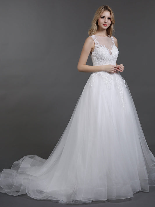 Illusion Neck Lace und Tüll Brautkleid-Elfenbein Brautkleider Kleider