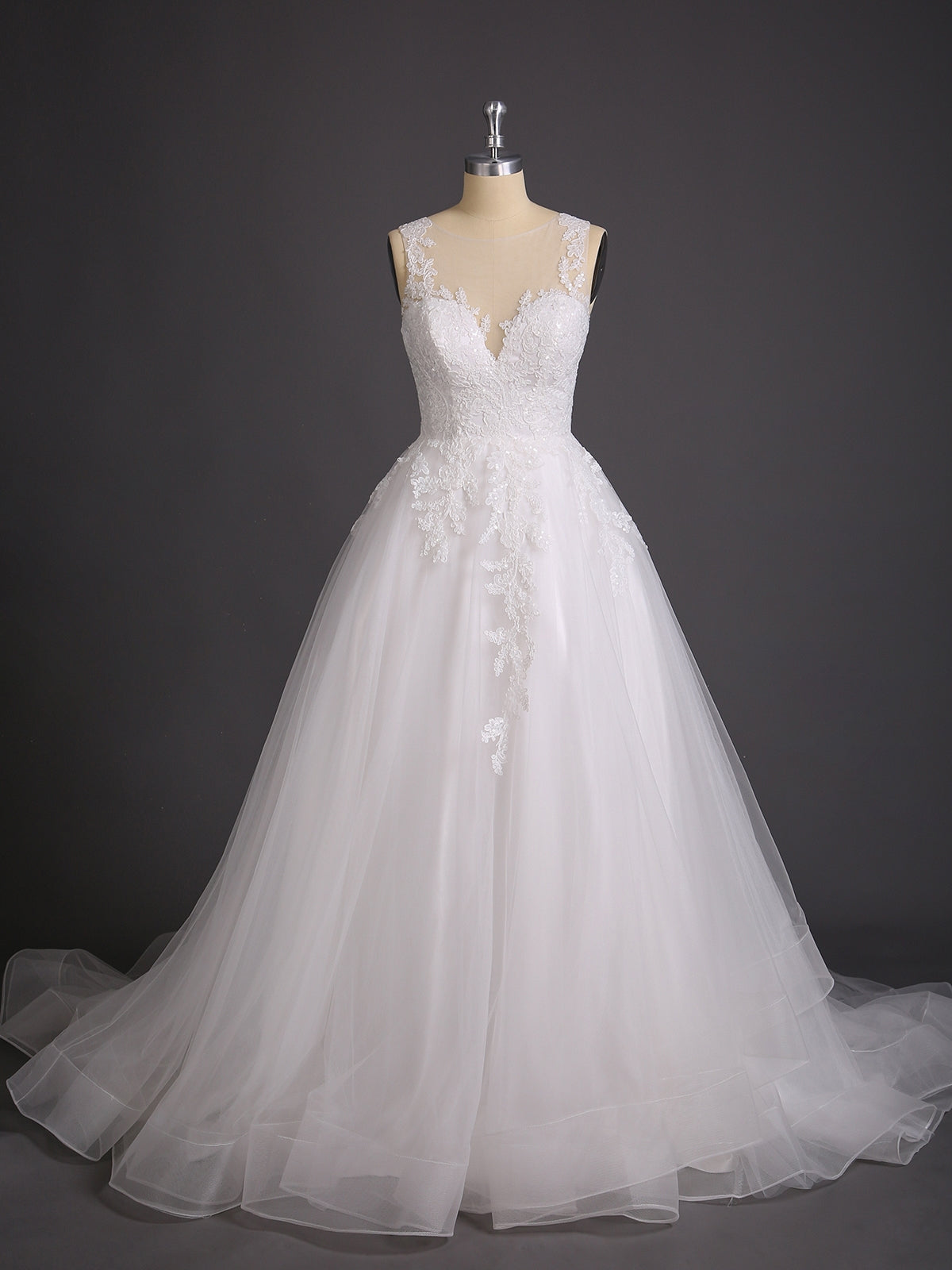 Illusion Neck Lace und Tüll Brautkleid-Elfenbein Brautkleider Kleider