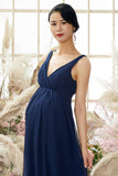 V neck Long Maternity Bridesmaid Dress Chiffon Formal Evening Dresses