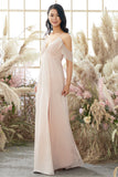 Pink Off Shoulder A line Bridesmaid Dress Formal Evening Prom Dresses with Slit
