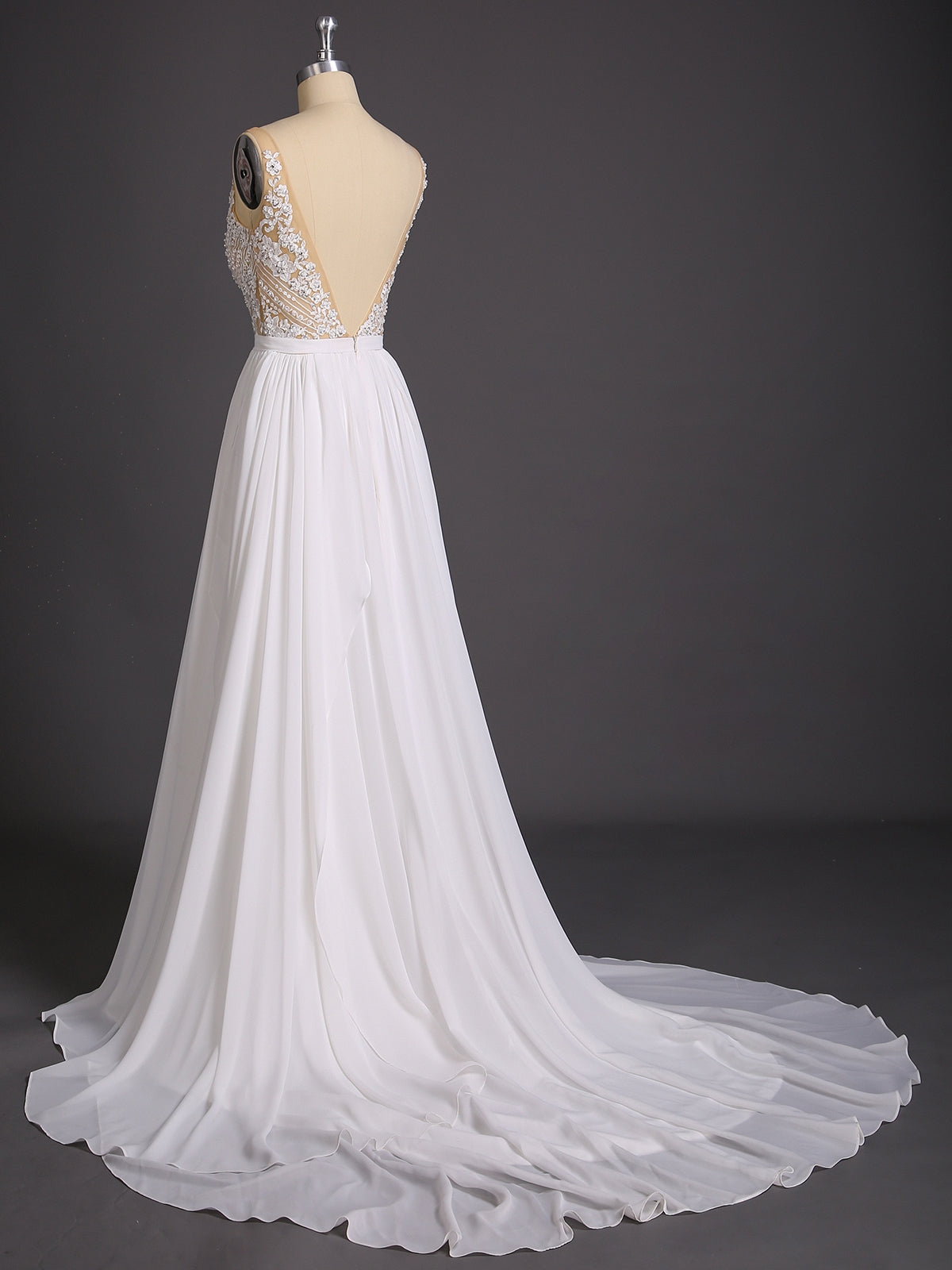 Chiffon mit Perlen V-Ausschnitt Brautkleid-Elfenbein Brautkleider Kleider