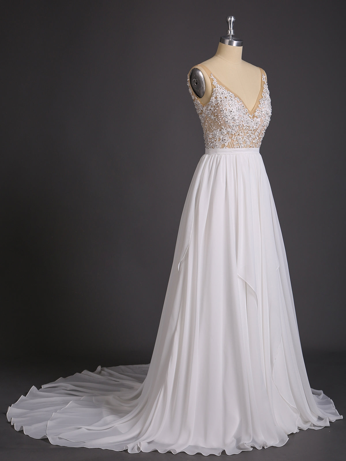 Chiffon mit Perlen V-Ausschnitt Brautkleid-Elfenbein Brautkleider Kleider