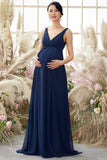 V neck Long Maternity Bridesmaid Dress Chiffon Formal Evening Dresses