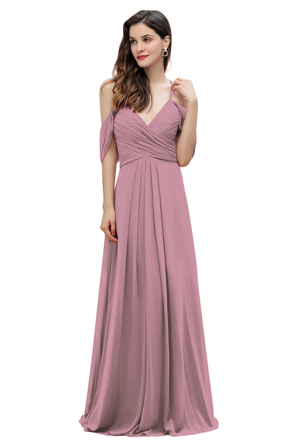 Elegant Off Shoulder Spaghetti Straps Aline Chiffon Bridesmaid Dress Floor Length Wedding Party Dress-misshow.com