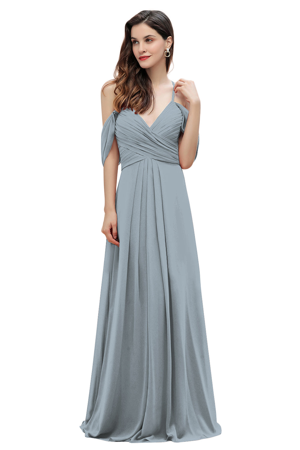 Elegant Off Shoulder Spaghetti Straps Aline Chiffon Bridesmaid Dress Floor Length Wedding Party Dress-misshow.com