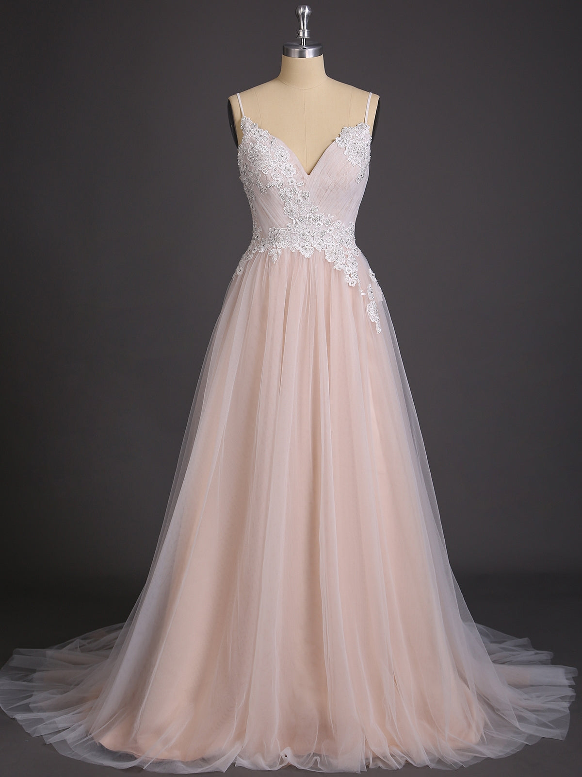 Spaghetti Strap V-neck Wedding Dress with Train-Champagne Bridal Gowns Dresses