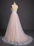 Spaghetti Strap V-neck Wedding Dress with Train-Champagne Bridal Gowns Dresses