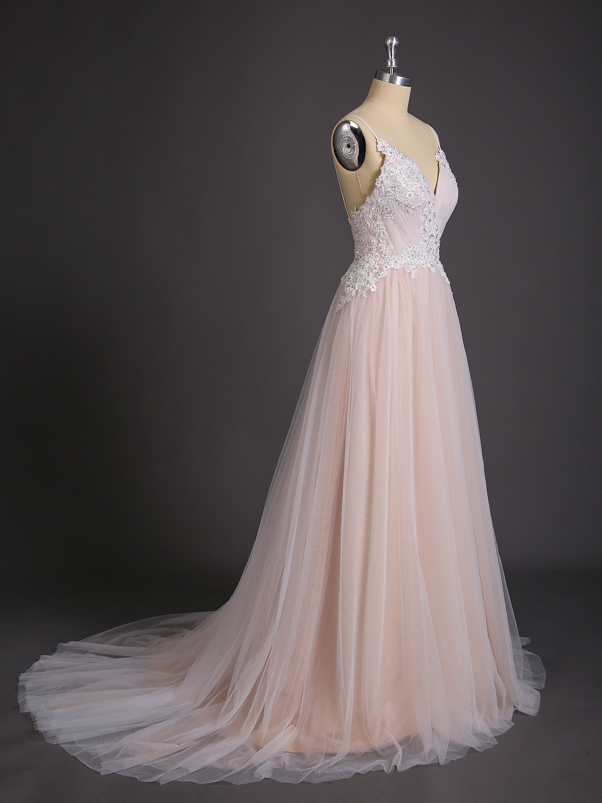 Spaghetti Strap V-neck Wedding Dress with Train-Champagne Bridal Gowns Dresses