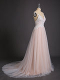 Spaghetti Strap V-neck Wedding Dress with Train-Champagne Bridal Gowns Dresses