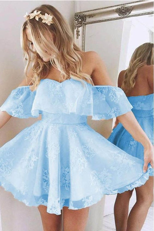 Hellblaues Spitzenkleid für Zuhause, Kurzes Abschlusskleid, Formales Kleid, Tanzkleider, Back to School Partykleid, KB0846 