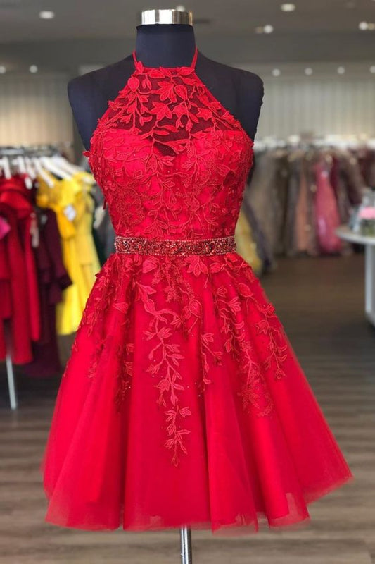 Red Lace Homecoming Dress Halter Neckline, Short Prom Dress ,Formal Dress,Dance Dresses, Back To School Party Gown, KB0851