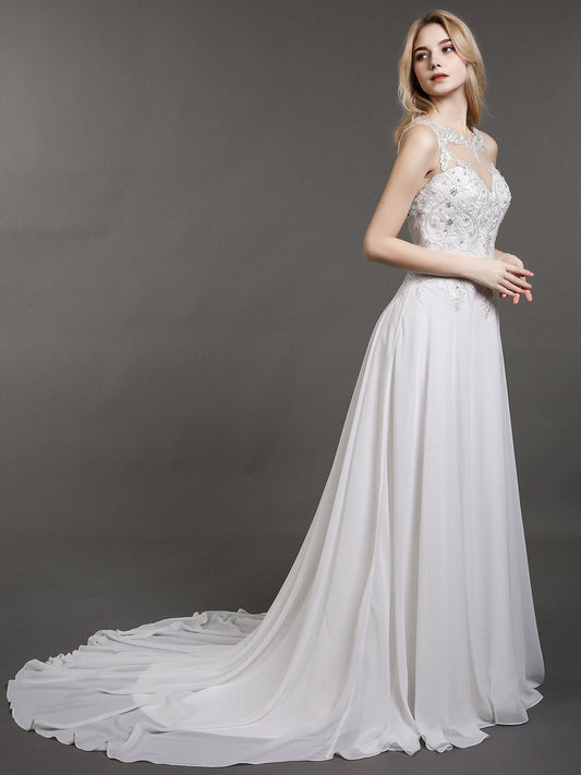 Vestido de novia de gasa con cuello ilusión y cuentas - Vestidos de novia color marfil