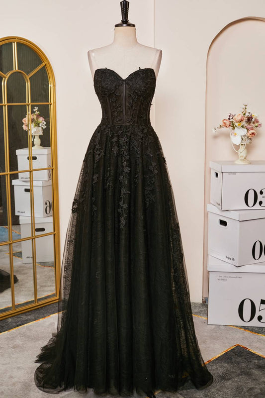 Schwarzes trägerloses A-Linien-Kleid mit Schnürung und Applikationen, langes Ballkleid, formelle Abendkleider