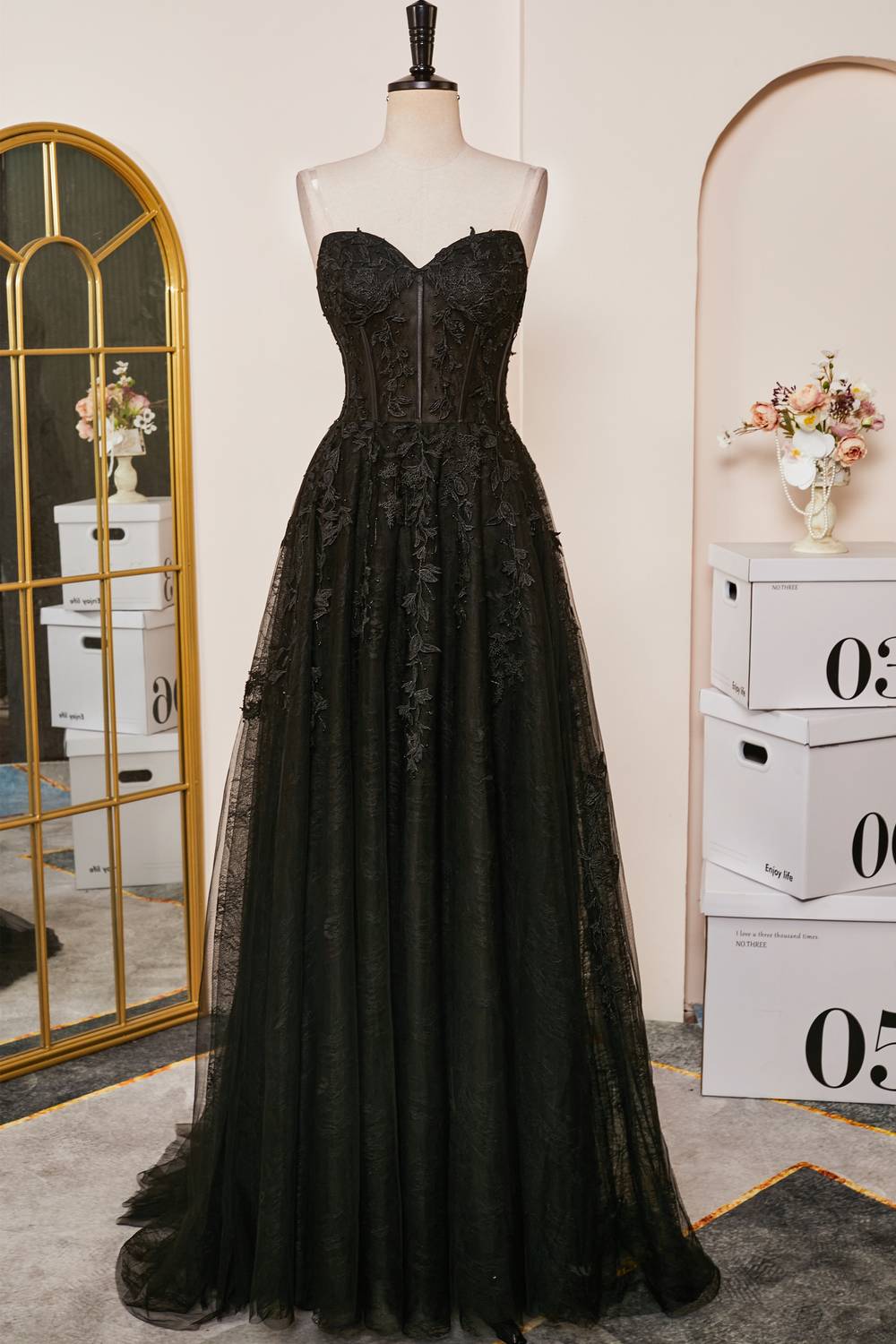 Schwarzes trägerloses A-Linien-Kleid mit Schnürung und Applikationen, langes Ballkleid, formelle Abendkleider
