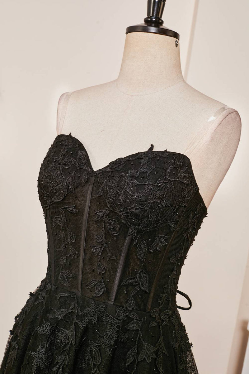 Schwarzes trägerloses A-Linien-Kleid mit Schnürung und Applikationen, langes Ballkleid, formelle Abendkleider