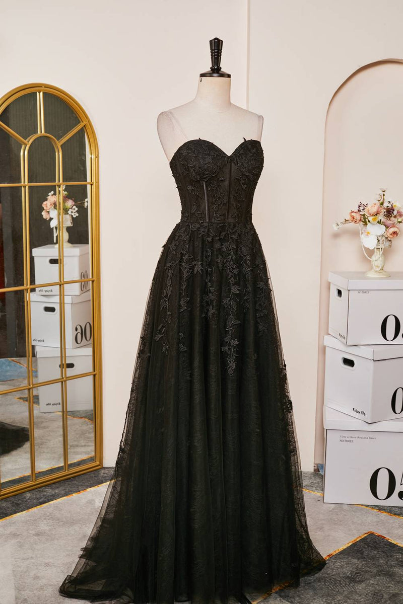 Schwarzes trägerloses A-Linien-Kleid mit Schnürung und Applikationen, langes Ballkleid, formelle Abendkleider