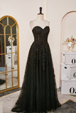 Schwarzes trägerloses A-Linien-Kleid mit Schnürung und Applikationen, langes Ballkleid, formelle Abendkleider