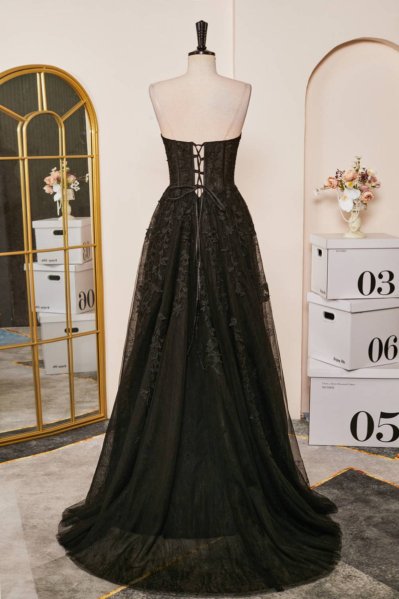Schwarzes trägerloses A-Linien-Kleid mit Schnürung und Applikationen, langes Ballkleid, formelle Abendkleider