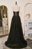 Schwarzes trägerloses A-Linien-Kleid mit Schnürung und Applikationen, langes Ballkleid, formelle Abendkleider